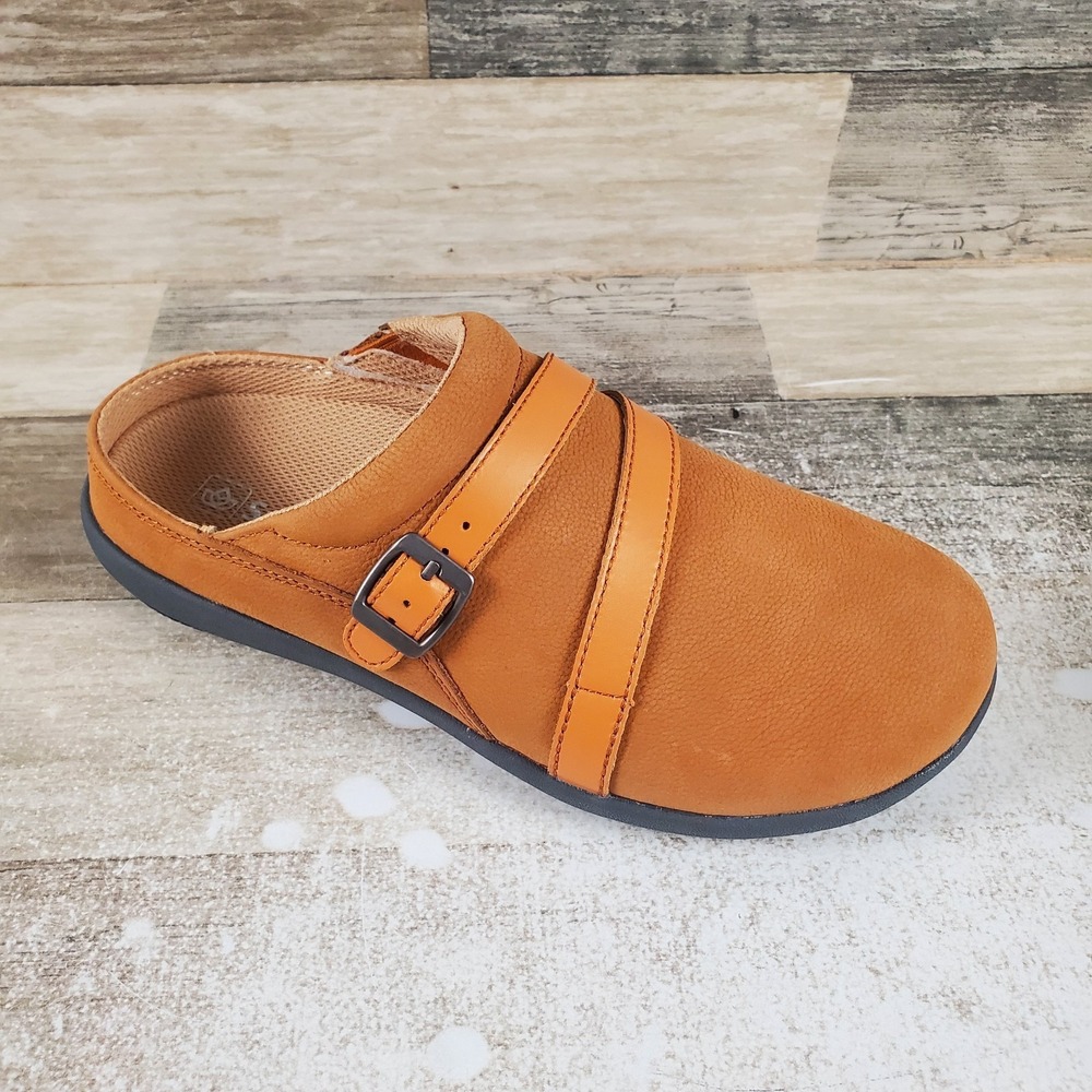 Spenco Sydney Women Slide Mule Sz 7.5 W Cognac Leather Slip On Round Toe Footbed